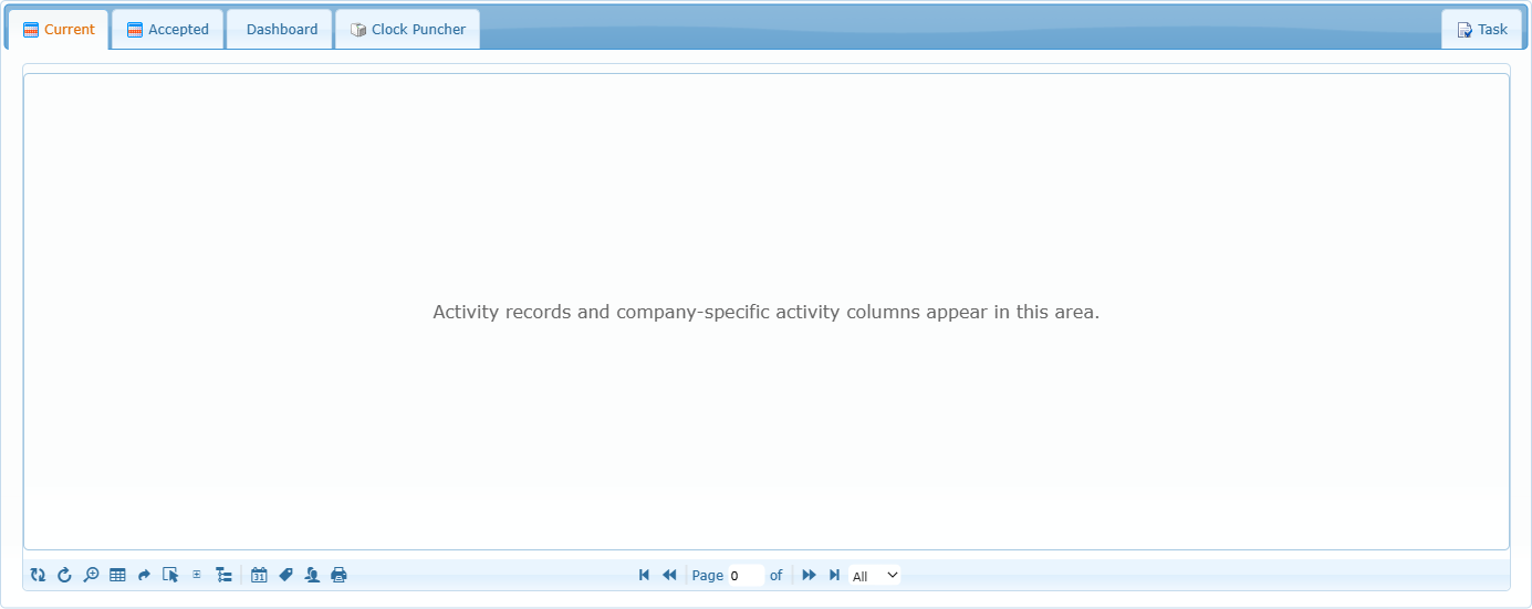 Activities Center tabs, list area, toolbar and row limit selector