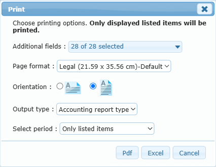 Activities Center printing options for PDF and Excel