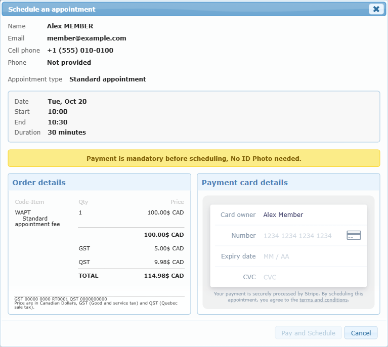 Desktop Schedule an appointment window with the appointment summary, the order details and the payment card details