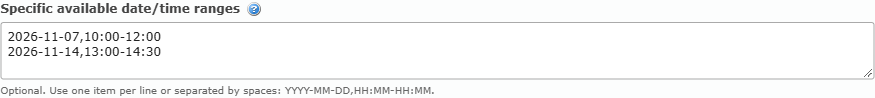 The Specific available date/time ranges box with entries