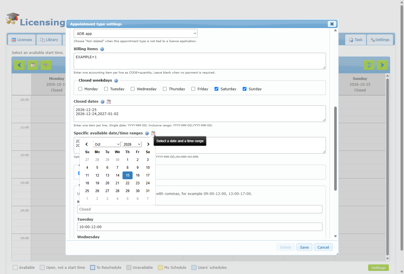 The date picker for specific availability