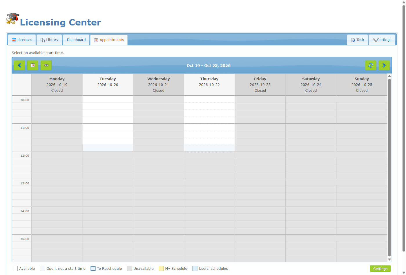 The Licence center tabs with the Appointments tab selected