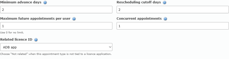 Advance days, rescheduling cutoff, maximum per user, concurrent appointments and related licence