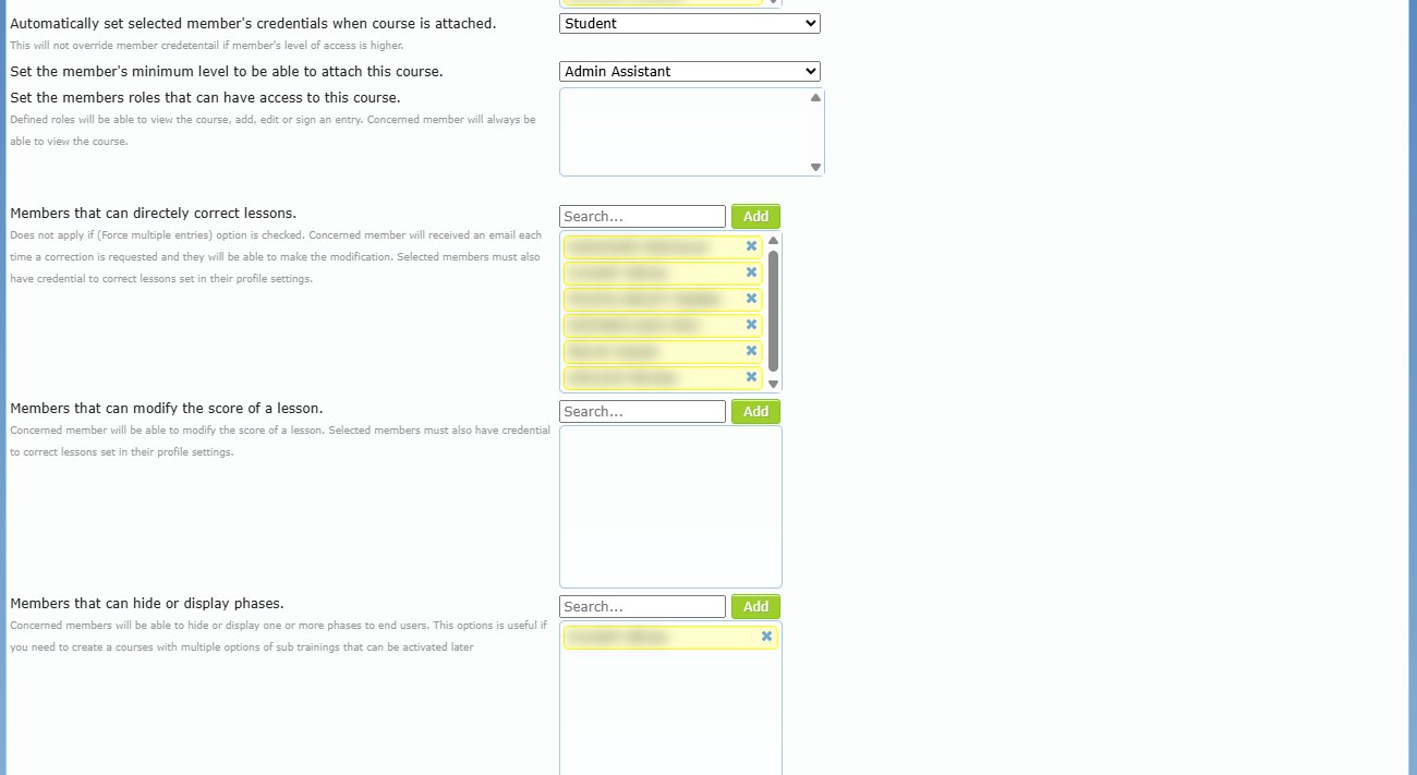 Course options, including members that can directly correct lessons