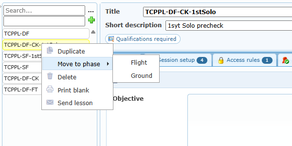 Right-click menu of a lesson