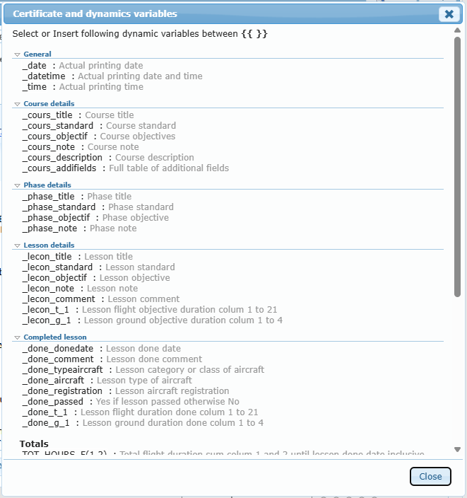 Certificate and dynamics variables