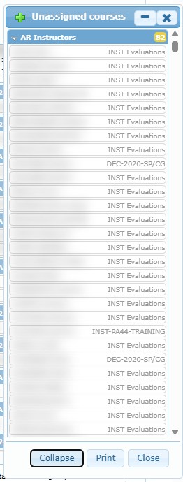 Unassigned courses window: open courses without a responsible member, grouped by student group (student names blurred).