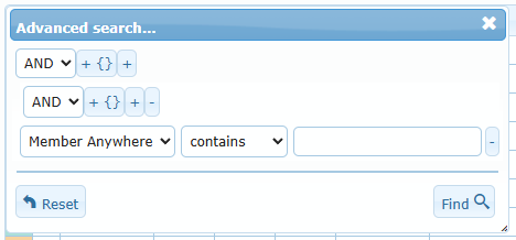 Advanced search window with a group and a Member Anywhere condition