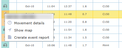 Right-click menu of a flight record: Movement details, Show map and event report