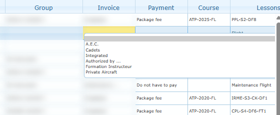 Invoice cell in edit mode with the predefined invoice references