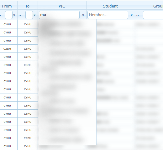 Typing two letters in the PIC search field opens the member suggestion list