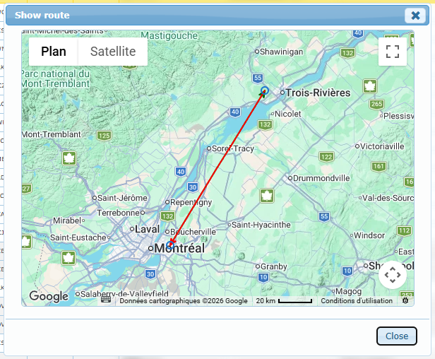 Show route window with the route drawn between the airports