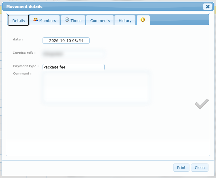 Movement details, Accounting tab: date, invoice refs, payment type, comment and check mark