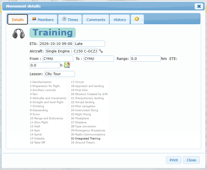 Movement details, Details tab: activity, ETA, aircraft, airports, lesson and exercises
