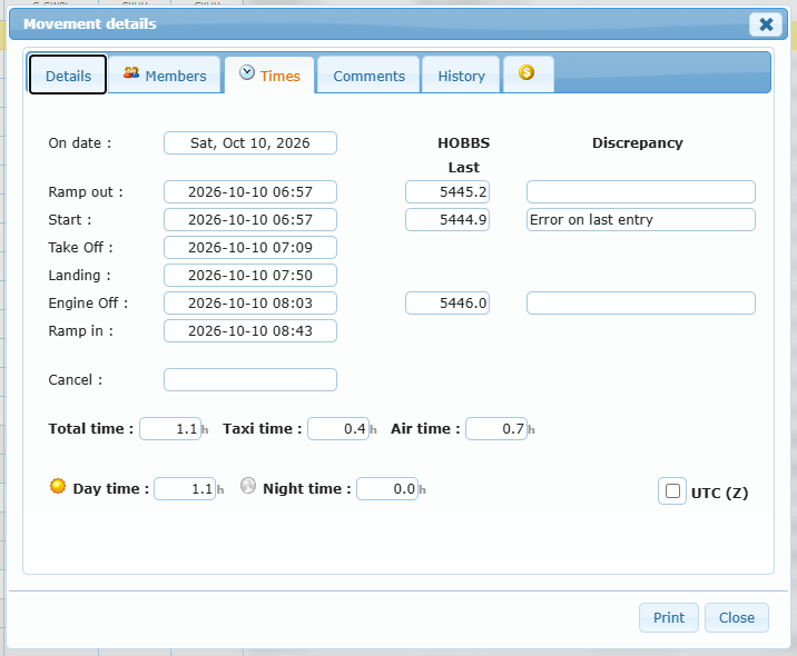 Movement details, Times tab: times, HOBBS readings, discrepancy, totals and UTC option