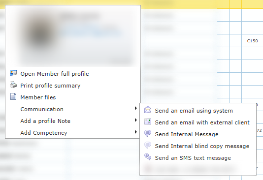Member right-click menu with the Communication submenu open
