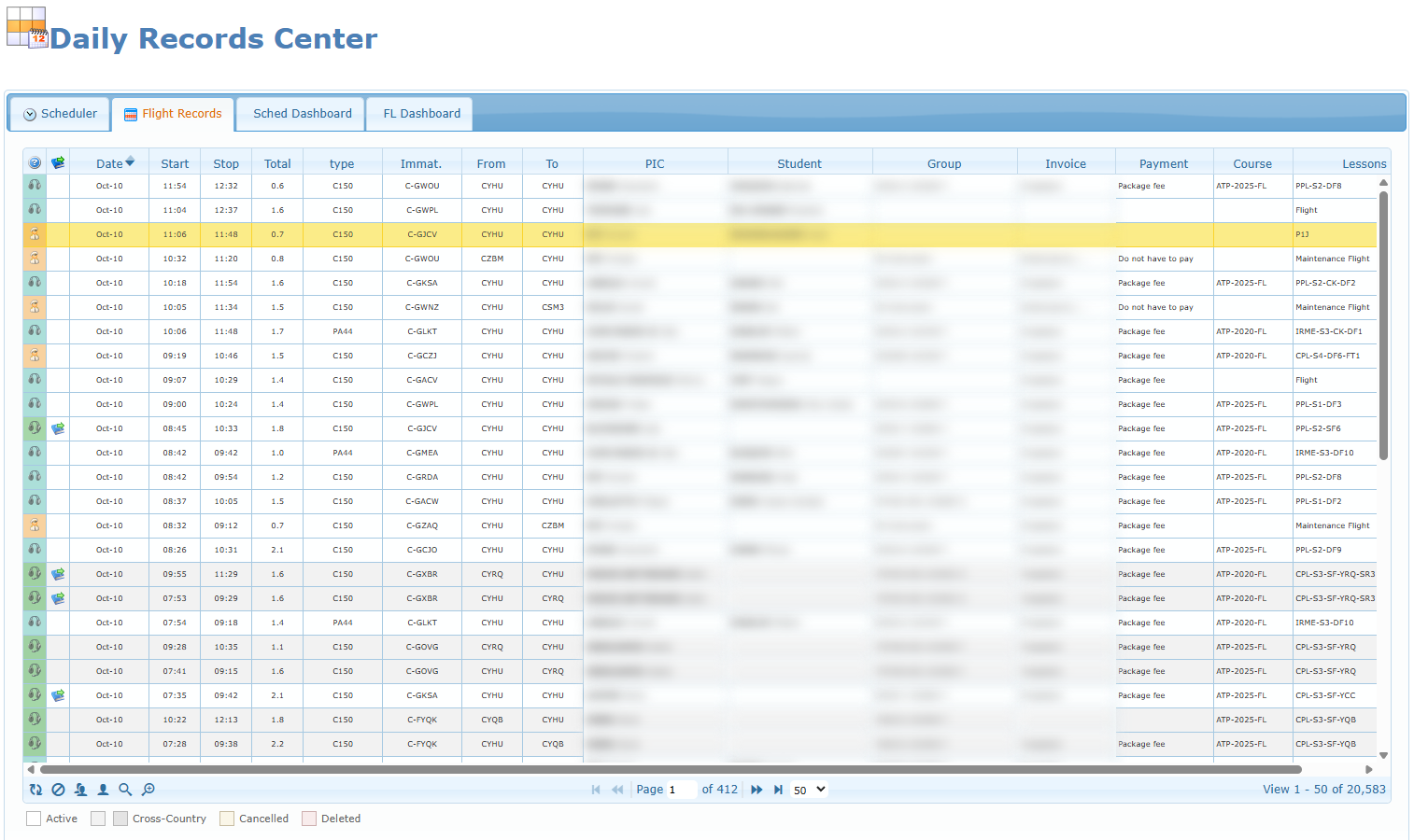 The Daily Records Center with its four tabs, here on the Flight Records tab