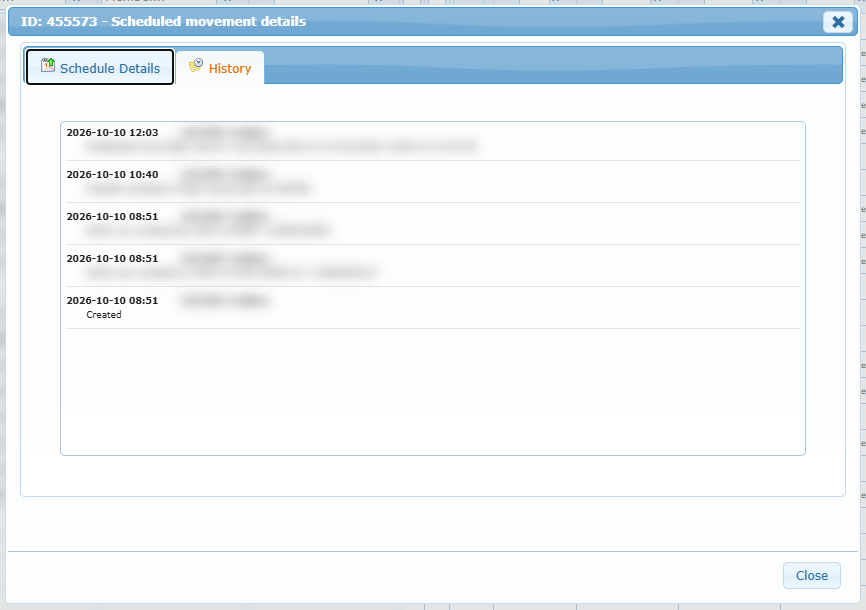 Scheduled movement details, History tab