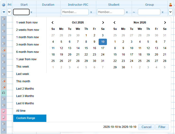 Start date filter with the future and past presets