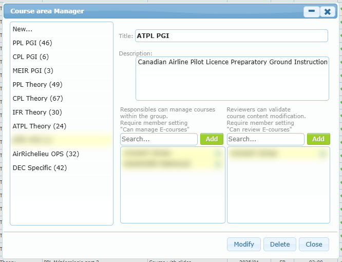 Course area Manager window with the area list, the selected area details and the Modify / Delete / Close buttons