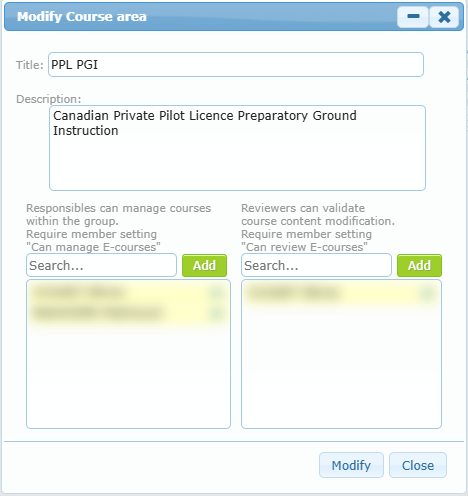 Modify Course area window with Title, Description, the Responsibles and Reviewers lists (names blurred) and the Modify / Close buttons