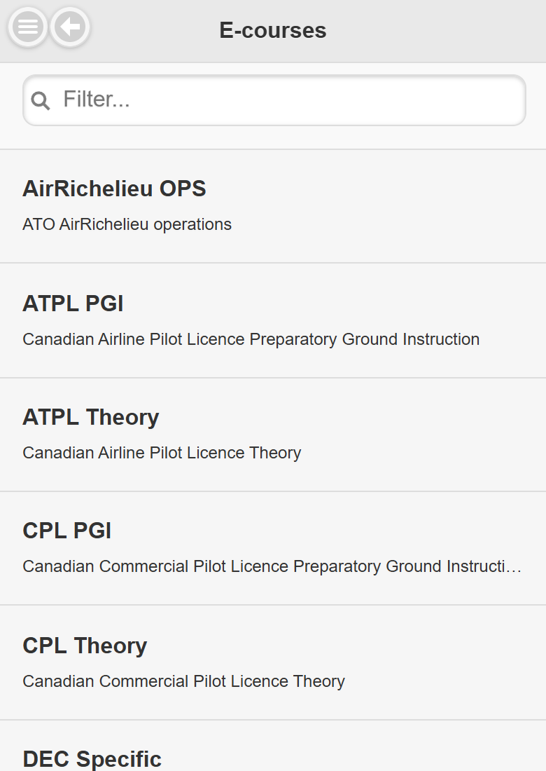 Mobile E-courses screen with the Filter box and the list of course areas