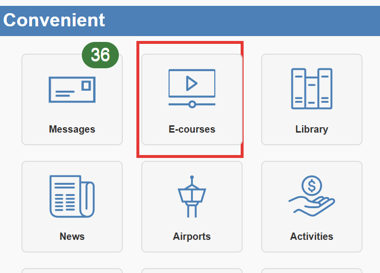 Mobile home page, Convenient section, with the E-courses tile highlighted