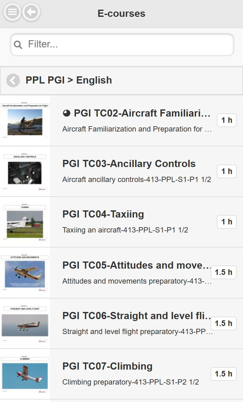 List of the courses of PPL PGI in English, with thumbnails, durations and a "Started" symbol