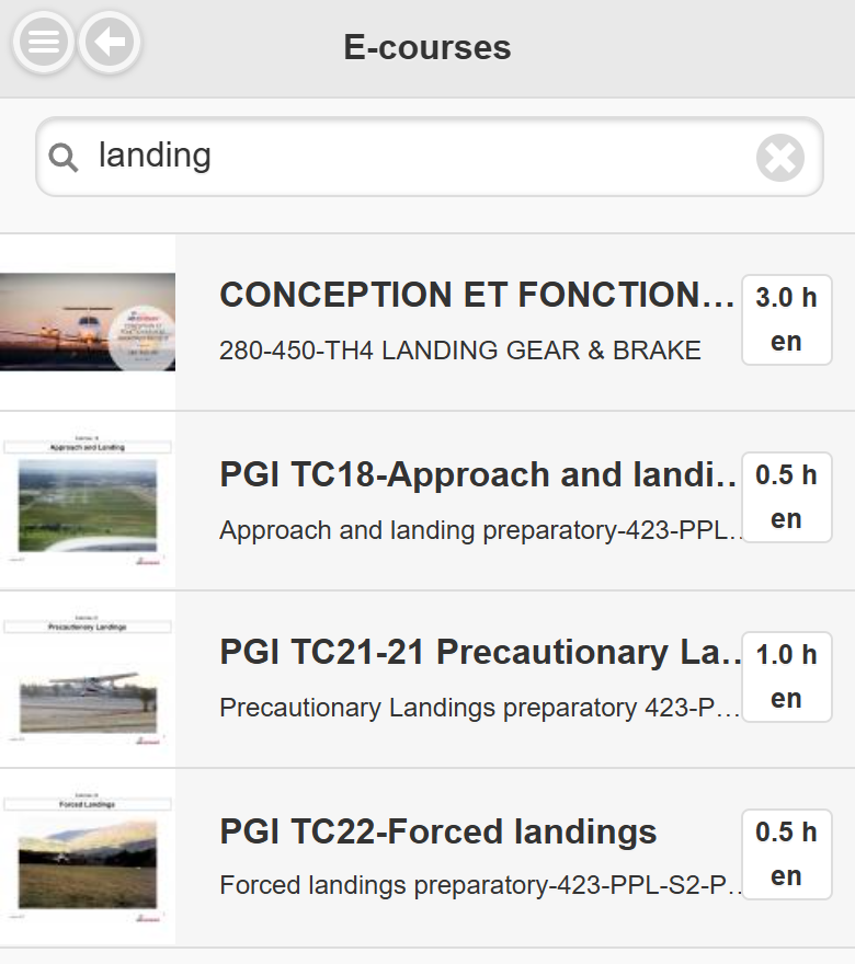 Mobile search "landing" showing matching courses from different areas with duration and language
