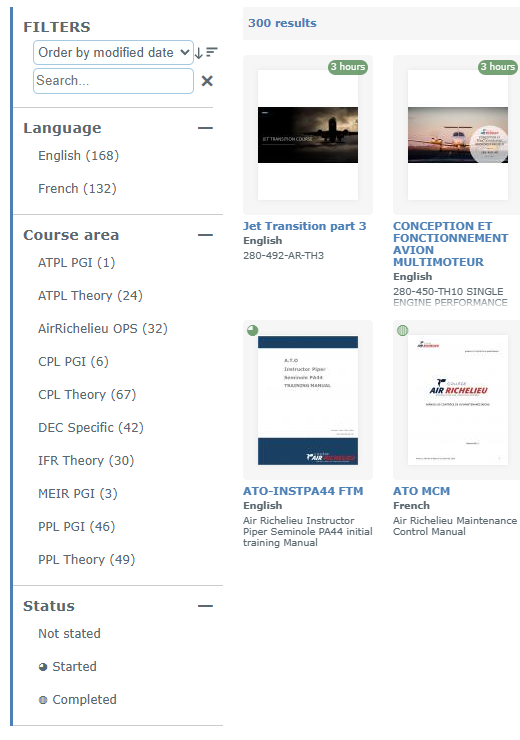 Filters panel with the Language, Course area and Status sections opened