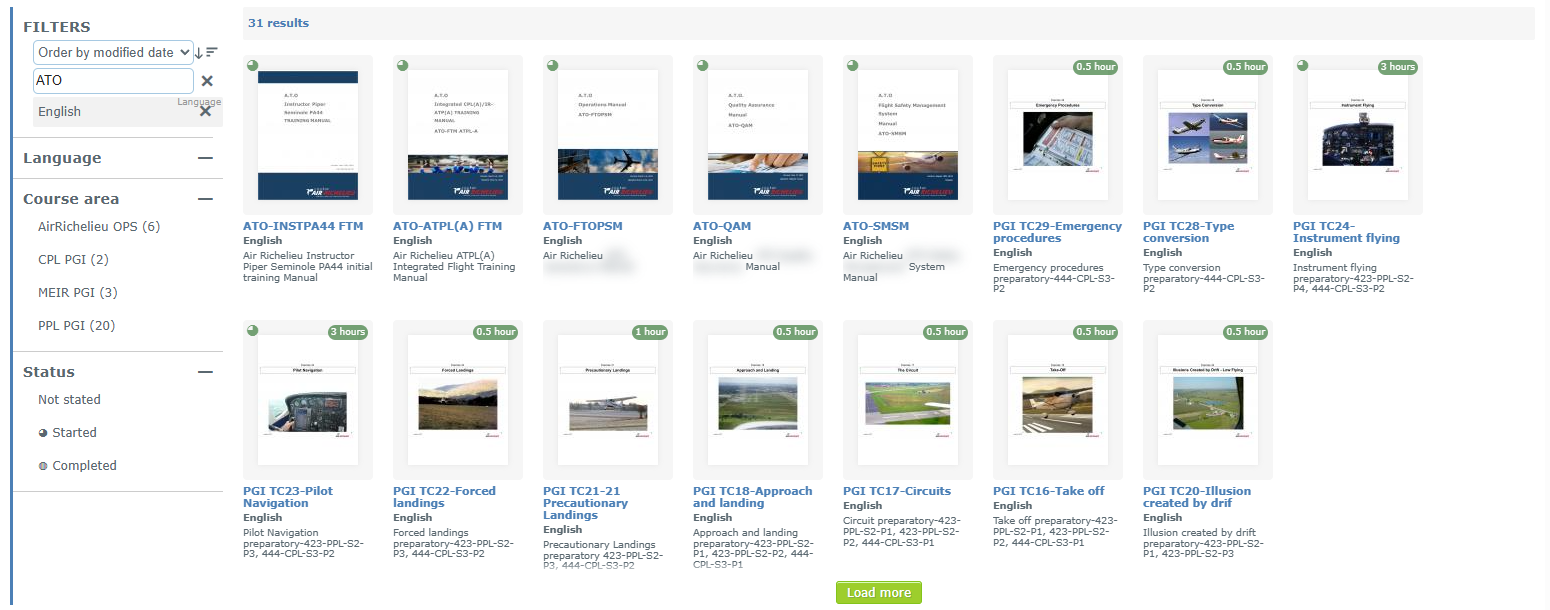 Search box containing "ATO", an active "English" language filter shown under the search box, and the matching courses