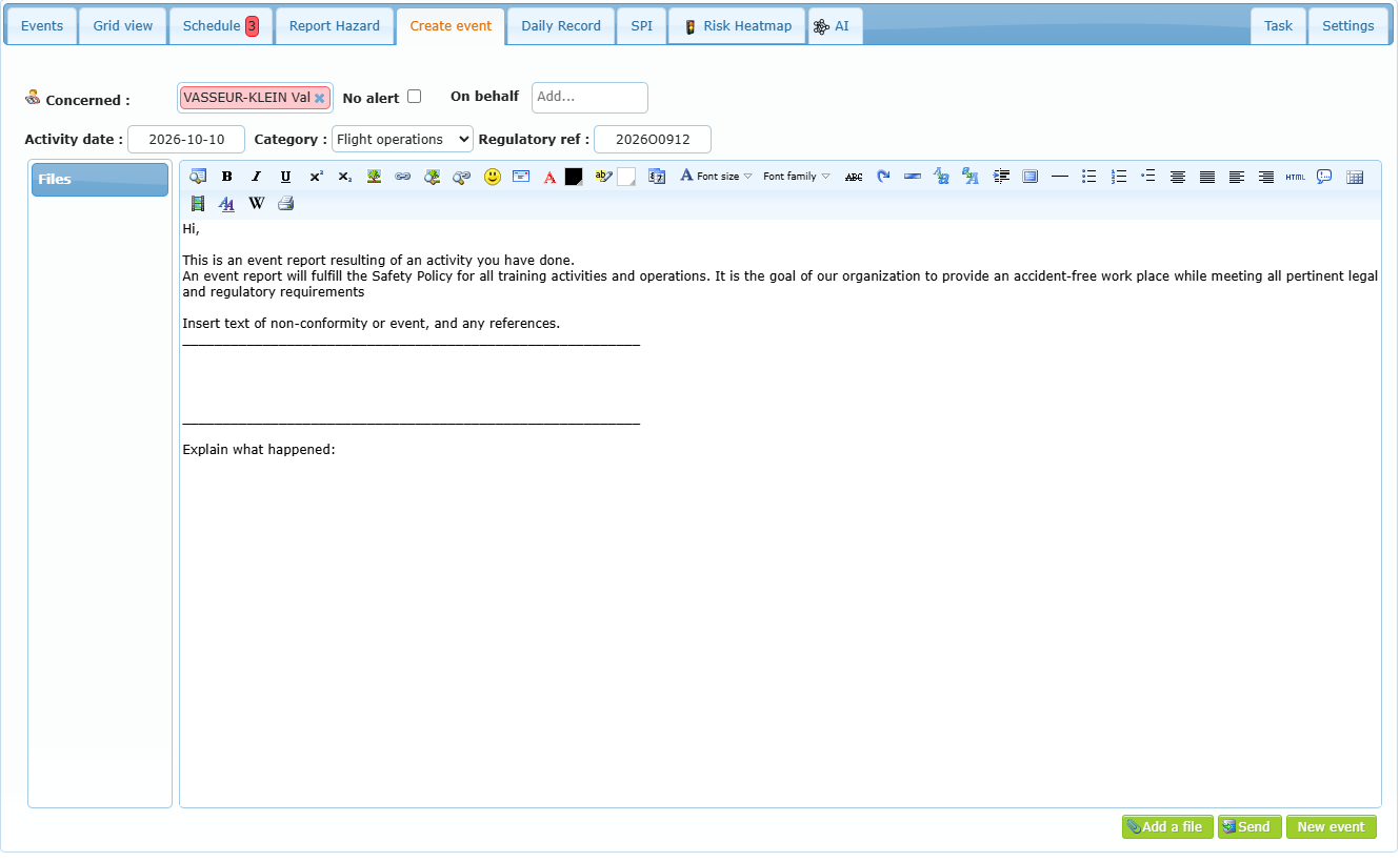 Create event tab with a member in Concerned, activity date, category, regulatory reference, the text template and the Add a file, Send and New event buttons