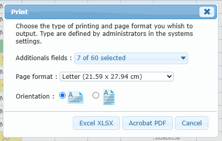 Grid print window with Additionals fields, Page format, Orientation and the Excel XLSX and Acrobat PDF buttons