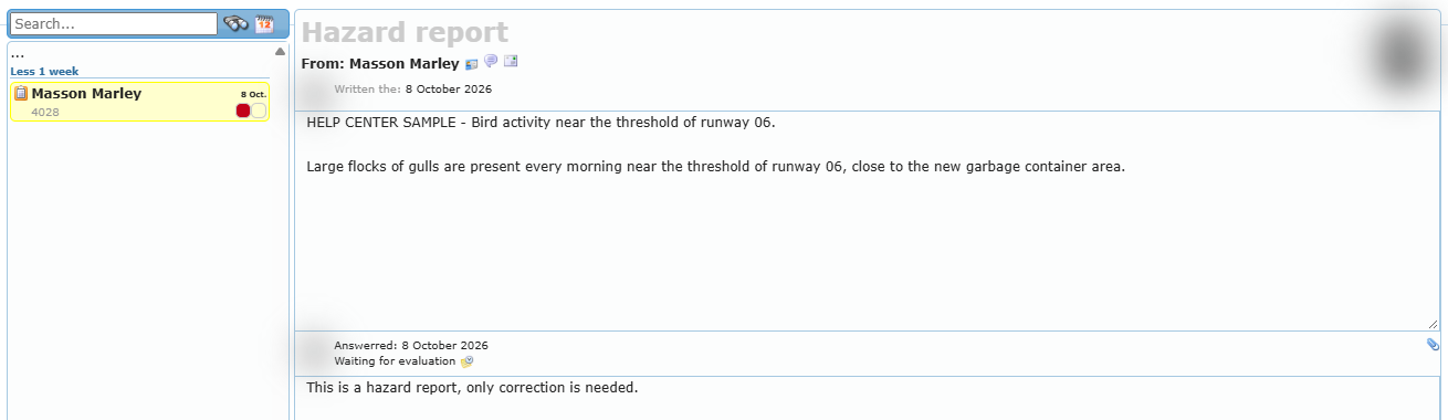 Hazard report opened from the Hazards folder with the hazard text and the automatic answer