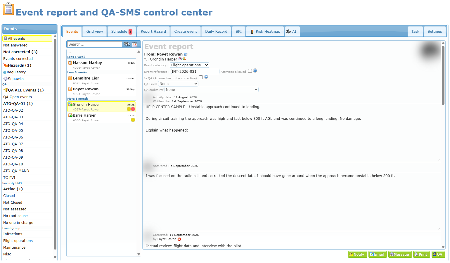 Event report Center, manager view, All events folder selected and a corrected sample event report opened on the right
