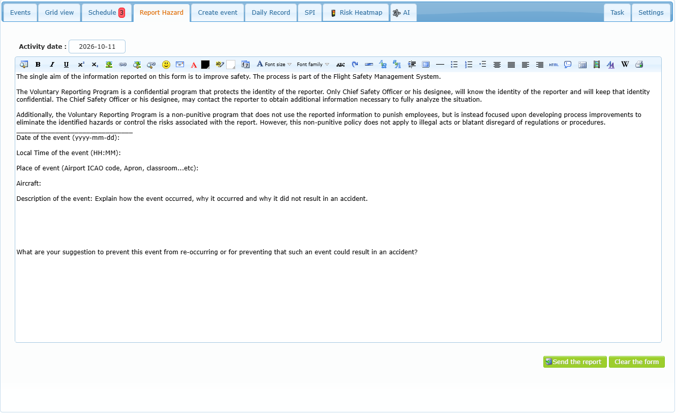 Report Hazard tab with the hazard form template and the Send the report and Clear the form buttons