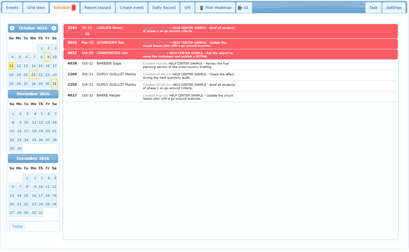 Schedule tab with the three-month calendar and the list of open actions, overdue ones in red