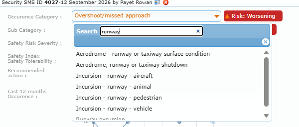 Occurrence category list open with the Search box filtered on runway