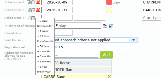 Calendar quick menu of a scheduled closing with the date shortcuts