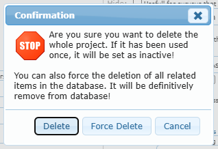 Confirmation window with the Delete, Force Delete and Cancel buttons