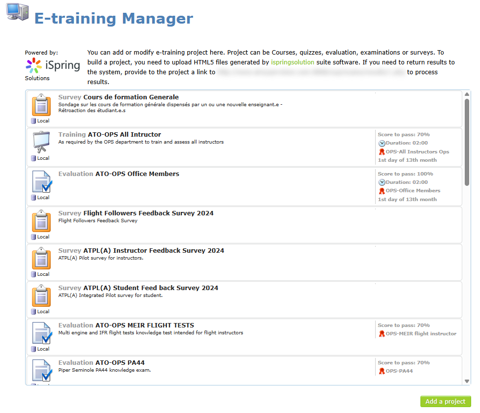 E-training Manager page with the list of e-trainings and the Add a project button