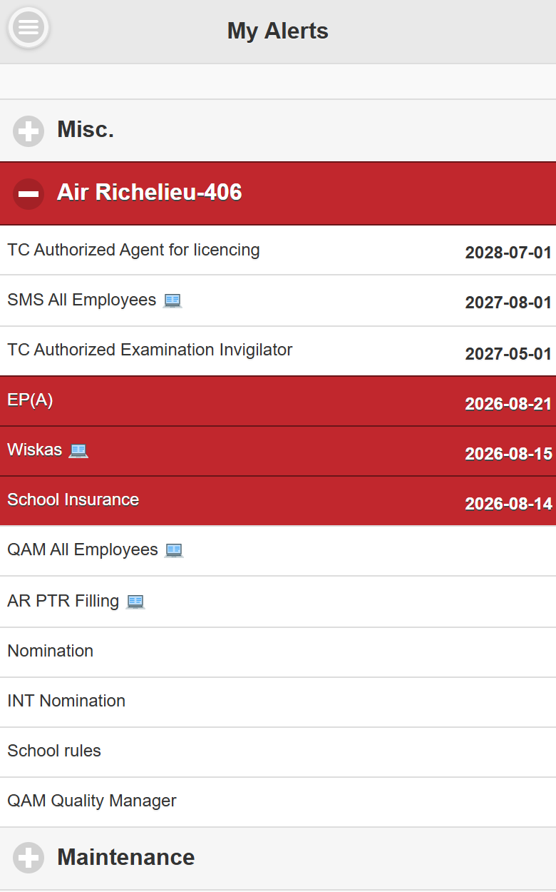 My Alerts page on the phone with competencies marked with the e-learning icon