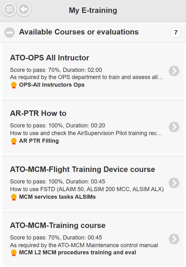 Available Courses or evaluations section expanded on the phone