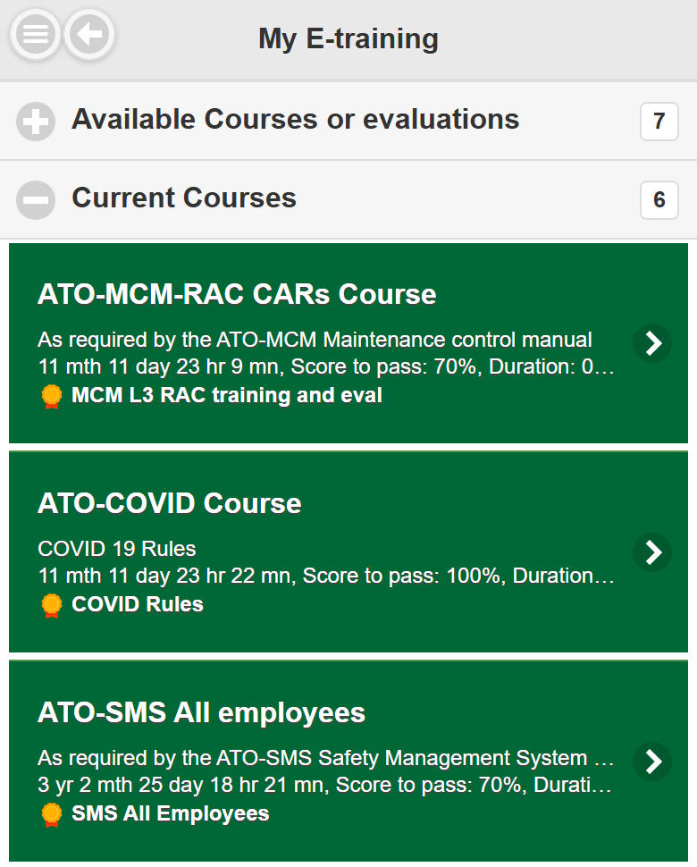 Current Courses section expanded, courses in progress shown in green