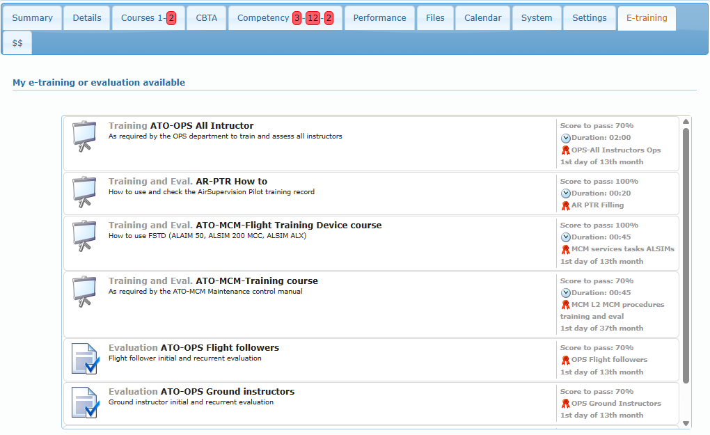Member profile, E-training tab, list of e-trainings available to the member with the competency each one renews