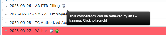Tooltip "This competency can be renewed by an E-training. Click to launch!" over the presentation board icon