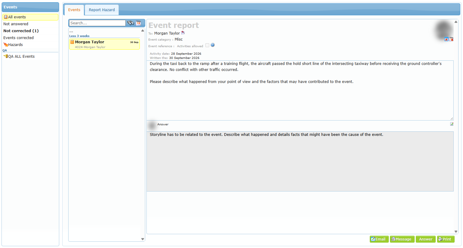 Event report center seen by a normal member, the event report addressed to the member opened on the right with the Answer button