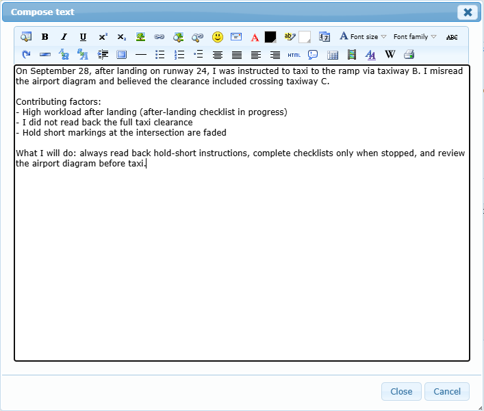 Compose text window with a sample answer, Close and Cancel buttons