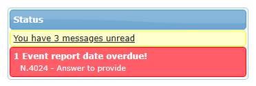 Home page Status panel with the red box "1 Event report date overdue!" and the line "N.4024 - Answer to provide"