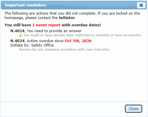 Important reminders pop-up listing "N.4024, You need to provide an answer" with the restriction warning, and an "Action overdue since" line with "Initiate by"